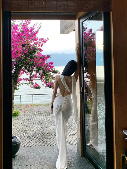 Elegantes weißes One-Shoulder-Bodycon-Satinkleid RF0709