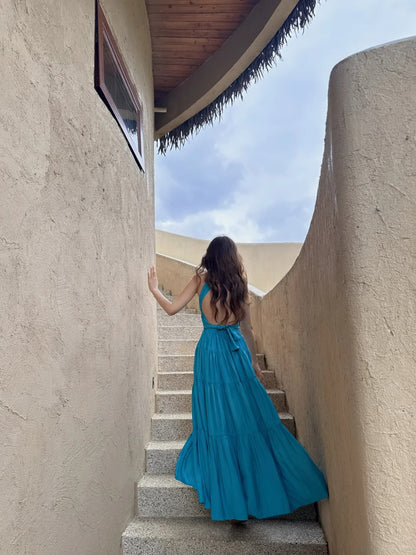 Wunderschönes blaues rückenfreies Sommerkleid in A-Linie mit V-Ausschnitt RF0710