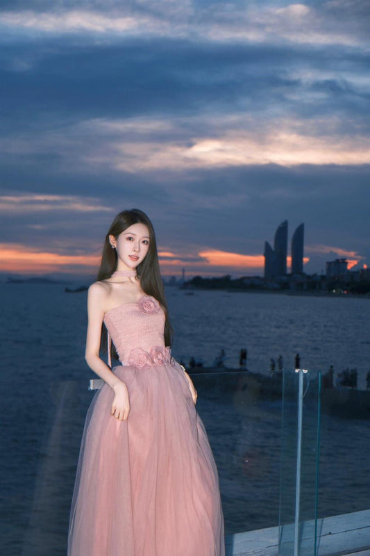 Süßes rosa trägerloses Tüll-Sommerkleid RF0712