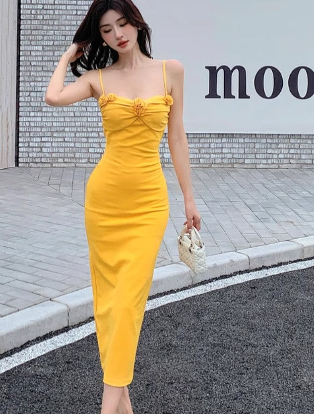 Elegantes gelbes Spaghettiträger Sommerkleid RF0713