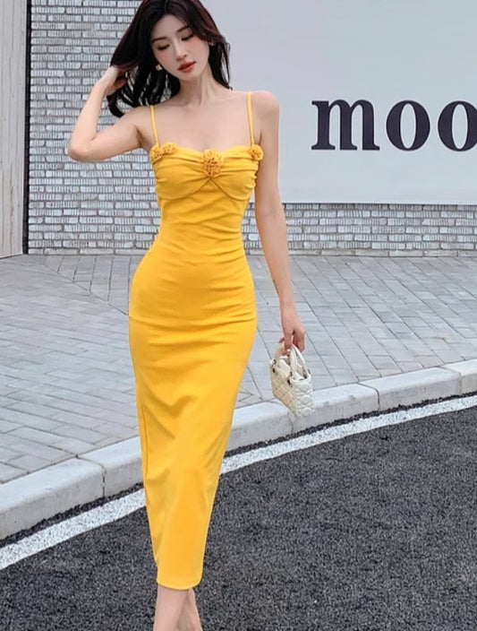 Elegantes gelbes Spaghettiträger Sommerkleid RF0713