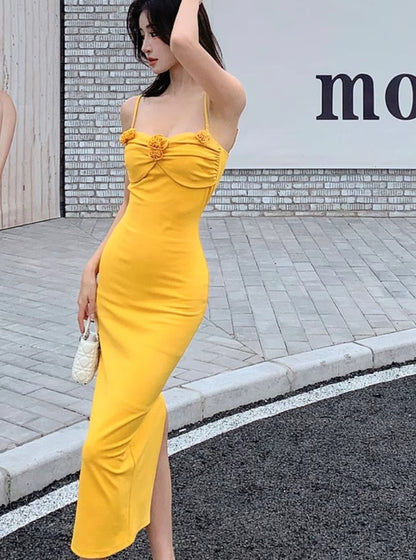 Elegantes gelbes Spaghettiträger Sommerkleid RF0713
