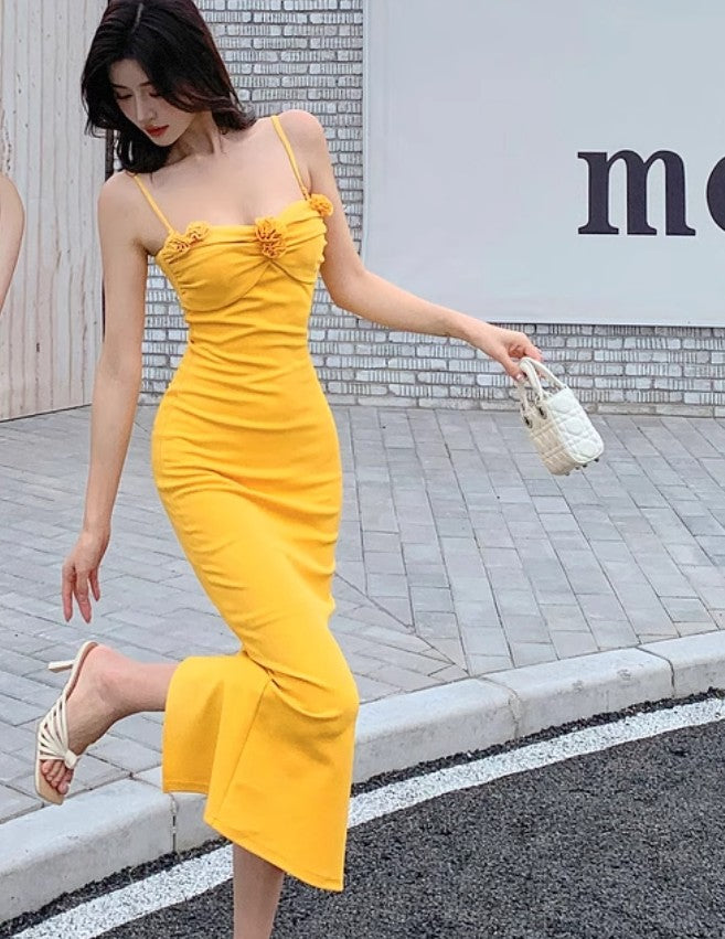 Elegantes gelbes Spaghettiträger Sommerkleid RF0713