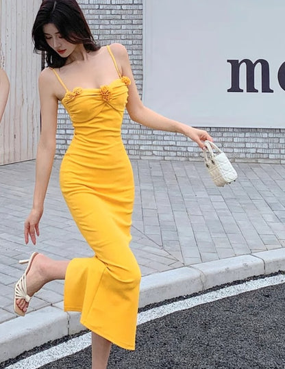 Elegantes gelbes Spaghettiträger Sommerkleid RF0713