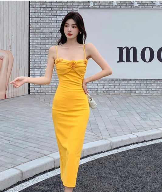 Elegantes gelbes Spaghettiträger Sommerkleid RF0713