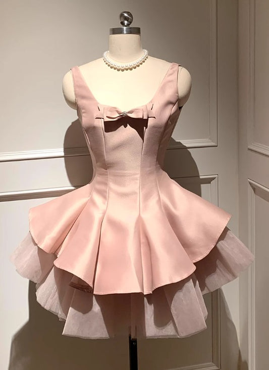Süßes rosa U-Ausschnitt A-Linie Satin Tüll Homecoming Kleid Kurze Abendkleider RF0714