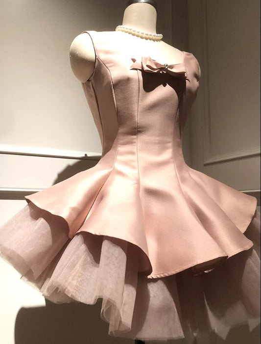 Süßes rosa U-Ausschnitt A-Linie Satin Tüll Homecoming Kleid Kurze Abendkleider RF0714
