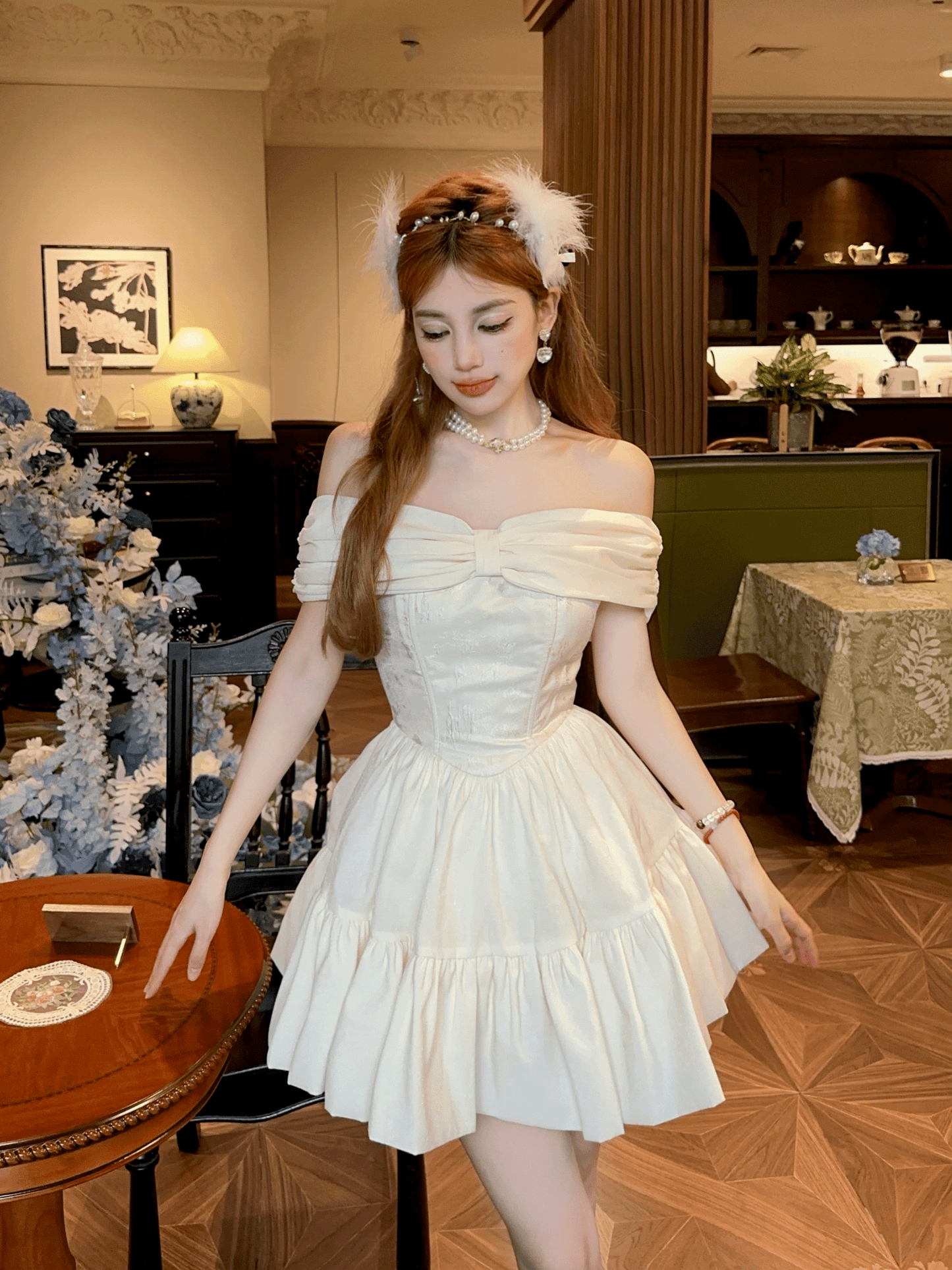 Cute Apricot Apricot Off-the-shoulder A-line Satin Homecoming Dress Short Evening Gowns RF0715