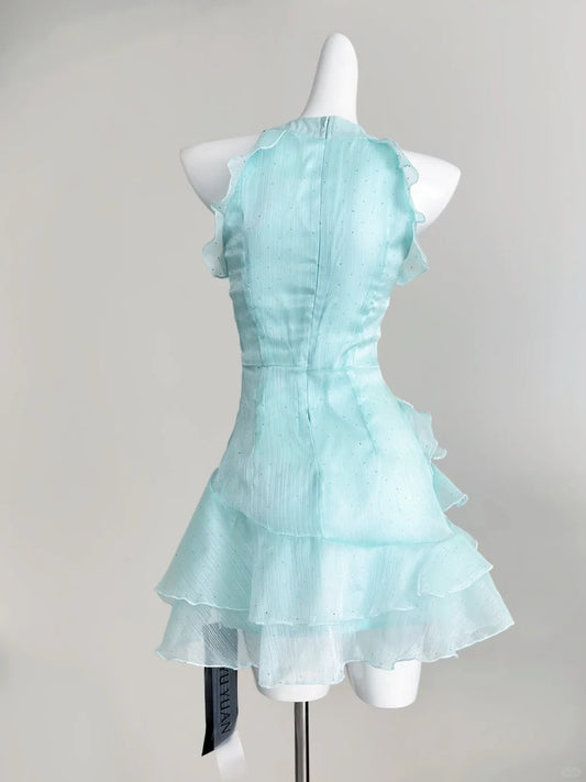 Süßes blaues Rundhals-A-Linien-Chiffon-Kurzes Partykleid Homecoming-Kleid RF0719
