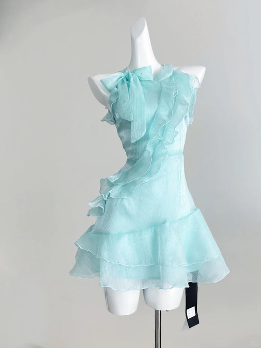 Süßes blaues Rundhals-A-Linien-Chiffon-Kurzes Partykleid Homecoming-Kleid RF0719