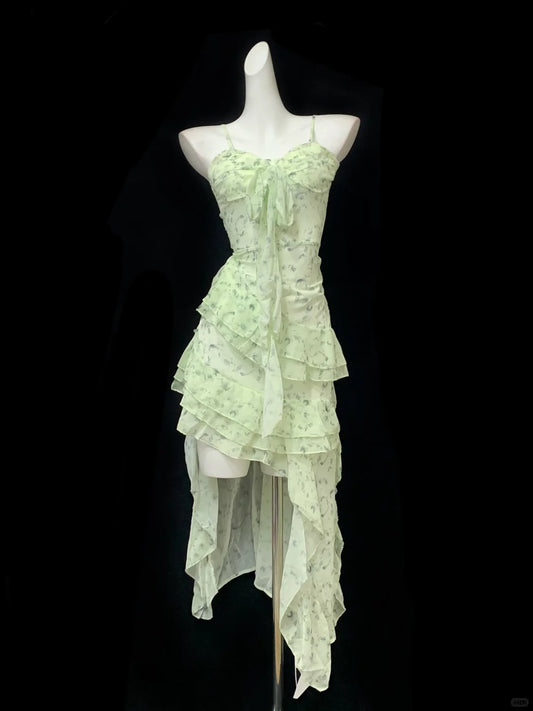 Elegantes hellgrünes Spaghettiträger-Chiffon-A-Linien-Partykleid mit Hi-Lo-Ausschnitt und Homecoming-Kleid RF0720