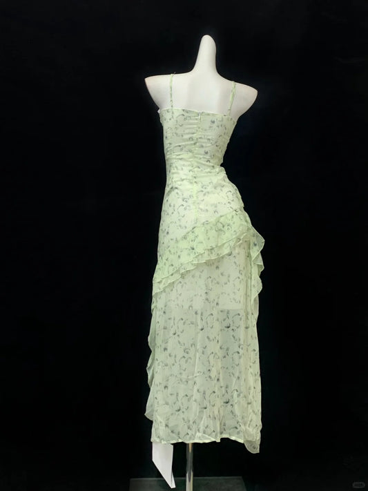 Elegantes hellgrünes Spaghettiträger-Chiffon-A-Linien-Partykleid mit Hi-Lo-Ausschnitt und Homecoming-Kleid RF0720