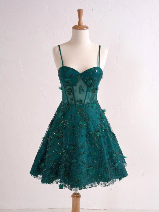 Wunderschöne grüne Spaghettiträger A-Linie Tüll Applikationen Kurzes Ballkleid Homecoming Kleid mit Pailletten RF0727