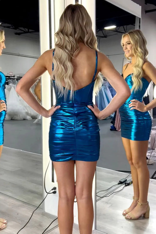 Sexy Blau Spaghettiträger Bodycon Glitzer Satin Kurzes Ballkleid Homecoming Kleid RF0728