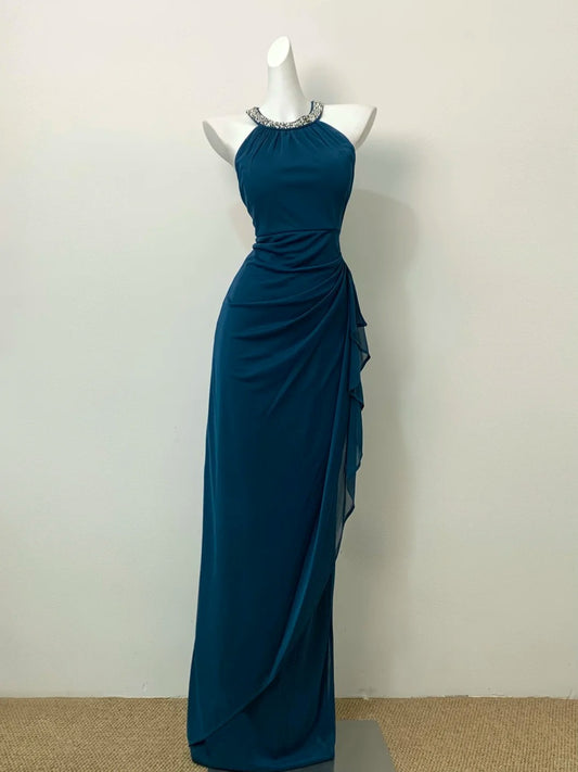 Elegant Teal Round Neck Sheath Chiffon Long Prom Dresses Formal Evening Dress RF0732