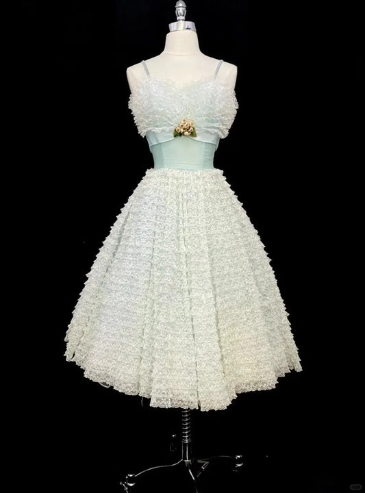 Süßes Tiffany Blau Spaghettiträger A-Linie Tüll Spitze Kurzes Ballkleid Homecoming Kleid RF0739