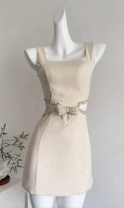 Elegant Apricot Square Neck Bodycon Satin Short Party Dresses Homecoming Dress with Bow RF0742