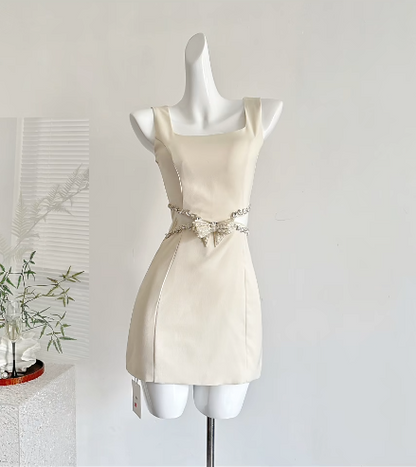 Elegant Apricot Square Neck Bodycon Satin Short Party Dresses Homecoming Dress with Bow RF0742
