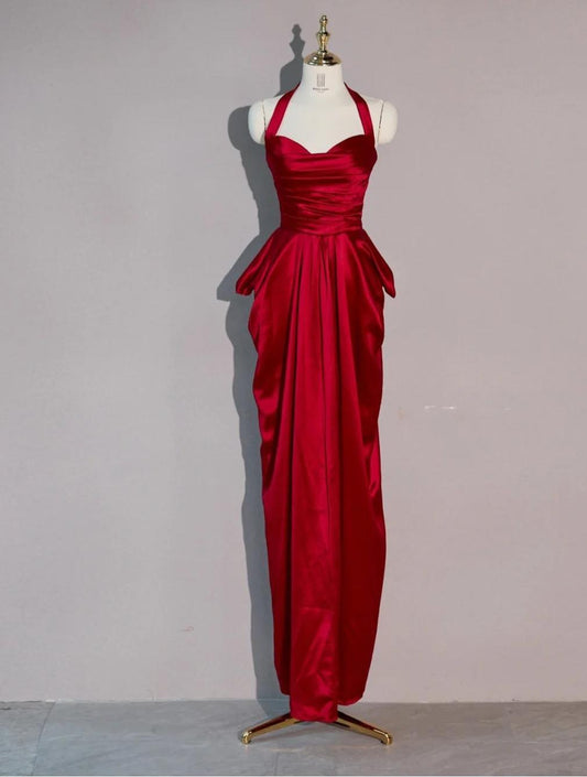 Glam Red Halter Neck Sheath Satin Long Prom Dresses Formal Evening Dress RF0743