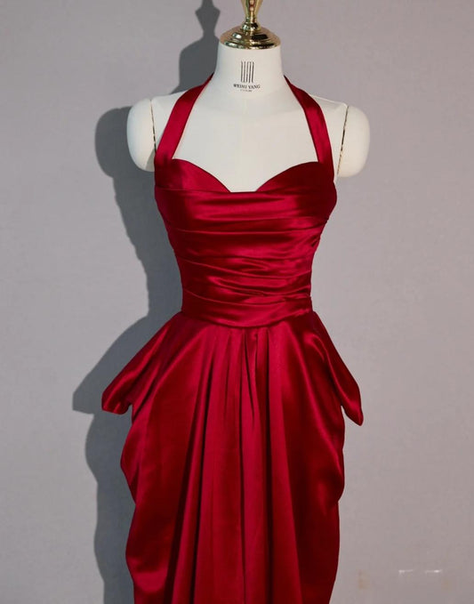 Glam Red Halter Neck Sheath Satin Long Prom Dresses Formal Evening Dress RF0743