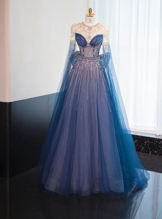 Gorgeous Navy Blue Crew Neck A-Line Tulle Beading Long Prom Dresses Formal Evening Dress RF0744
