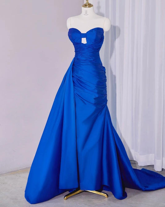 Elegant Royal Blue Strapless Mermaid Satin Long Prom Dresses Formal Evening Dress RF0745