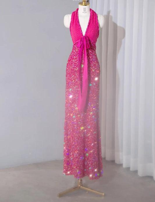 Gorgeous Fuchsia V-neck Sheath Lace Sequins Long Prom Dresses Formal Evening Dress RF0746