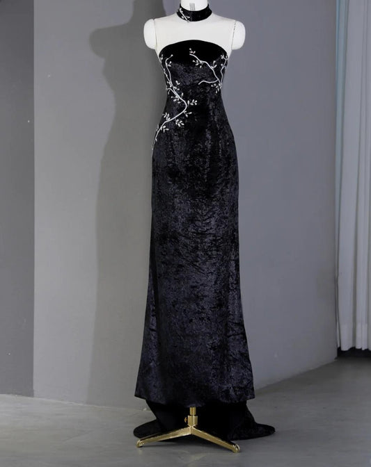 Elegant Black Strapless Mermaid Velvet Long Prom Dresses Formal Evening Dress RF0747