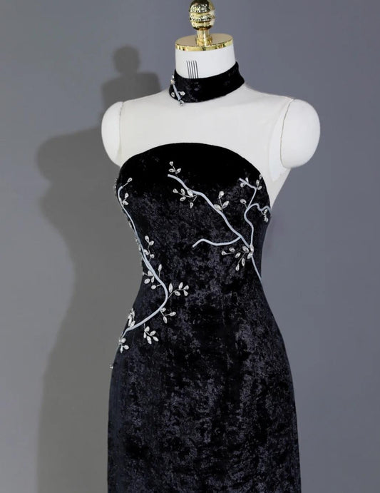 Elegant Black Strapless Mermaid Velvet Long Prom Dresses Formal Evening Dress RF0747