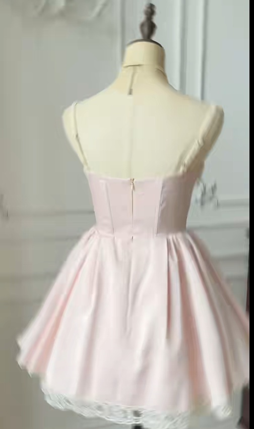 Süße Spaghettiträger A-Linie Spitze Satin Kurzes Ballkleid Homecoming Kleid RF0767