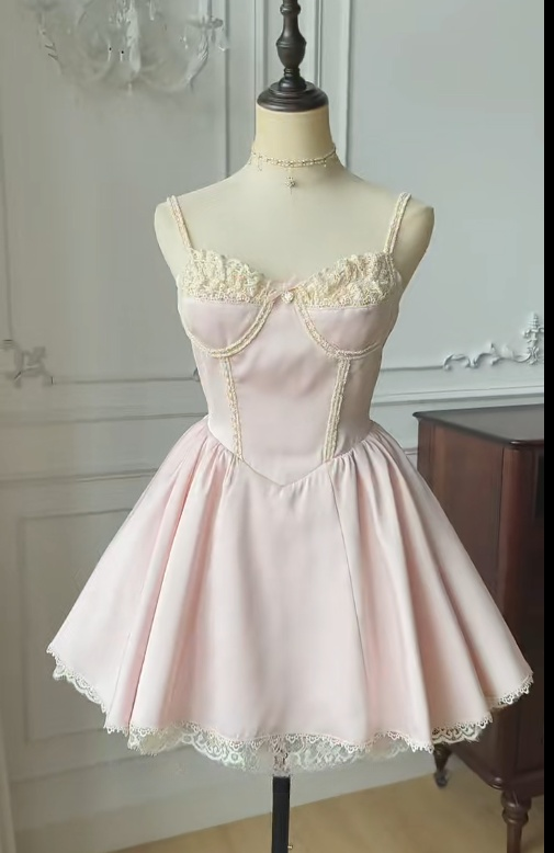 Süße Spaghettiträger A-Linie Spitze Satin Kurzes Ballkleid Homecoming Kleid RF0767