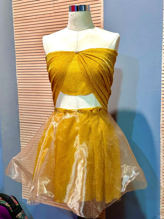 Glitzerndes gelbes trägerloses A-Linien-Abendkleid mit Pailletten, kurz, Heimkehrkleider, RF0780