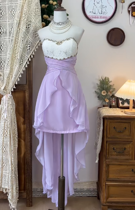 Vintage Lila Trägerloses A-Linie Chiffon Kurzes Ballkleid Homecoming Kleider RF0785