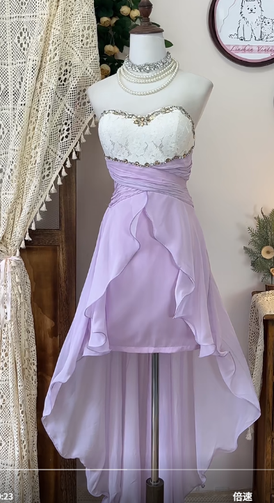 Vintage Lila Trägerloses A-Linie Chiffon Kurzes Ballkleid Homecoming Kleider RF0785