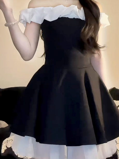 Elegantes französisches schulterfreies schwarzes A-Linien-Kleid RF0792