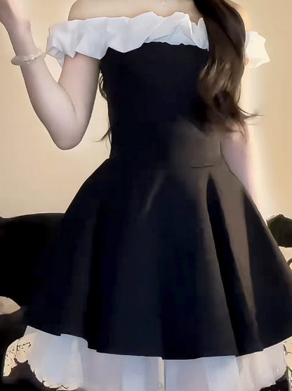 Elegantes französisches schulterfreies schwarzes A-Linien-Kleid RF0792