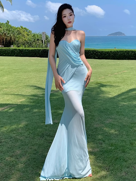 Atemberaubendes blaues Meerjungfrau-Sommerkleid aus Chiffon im Sweetheart-Stil RF0794