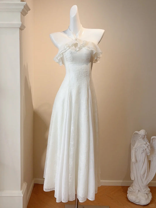 Glamouröses weißes Neckholder-A-Linien-Chiffon-Spitzen-Kurzballkleid Geburtstags-Abendkleid RF0799