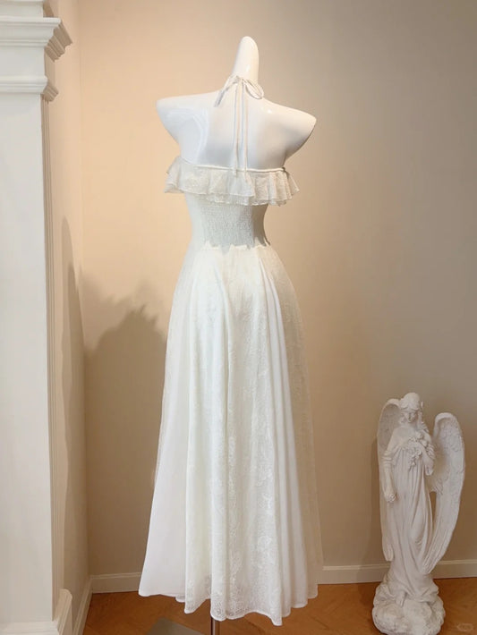 Glamouröses weißes Neckholder-A-Linien-Chiffon-Spitzen-Kurzballkleid Geburtstags-Abendkleid RF0799