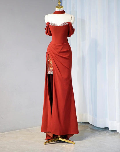 Stunning Burgundy Off-the-shoulder Sheath Satin Long Prom Dresses Formal Evening Dresses with Slits RF0805