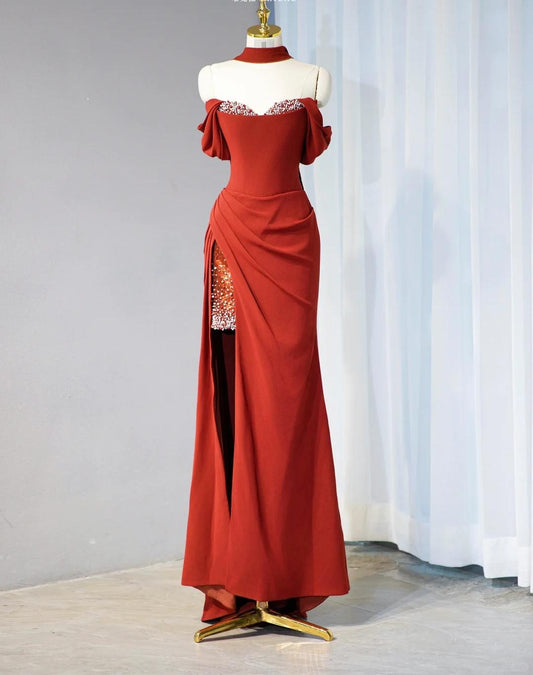 Stunning Burgundy Off-the-shoulder Sheath Satin Long Prom Dresses Formal Evening Dresses with Slits RF0805