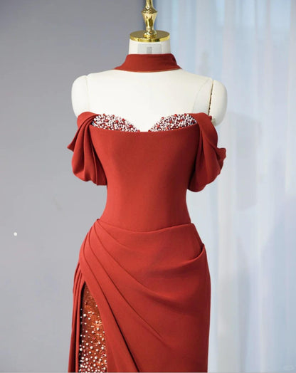 Stunning Burgundy Off-the-shoulder Sheath Satin Long Prom Dresses Formal Evening Dresses with Slits RF0805