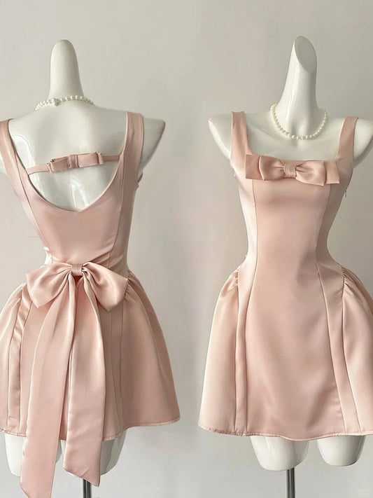 Süßes rosa A-Linie Satin Ballkleid mit quadratischem Ausschnitt und Schleife RF0807