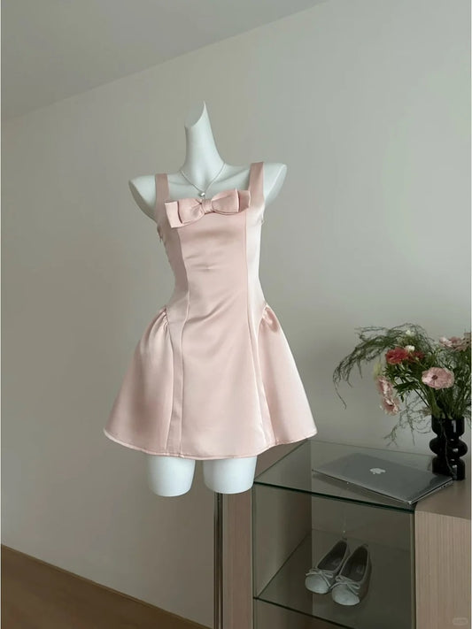 Süßes rosa A-Linie Satin Ballkleid mit quadratischem Ausschnitt und Schleife RF0807
