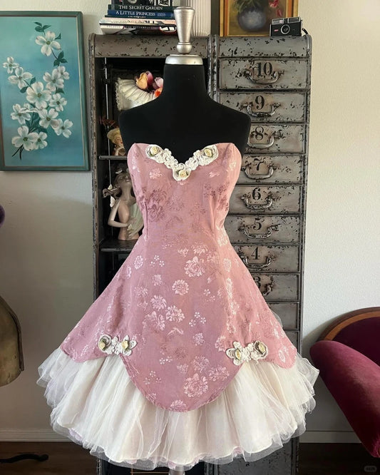 Vintage Rosa Herzförmiger Ausschnitt A-Linie Jacquard Satin Tüll Kurze Ballkleider Homecoming Kleider RF0808