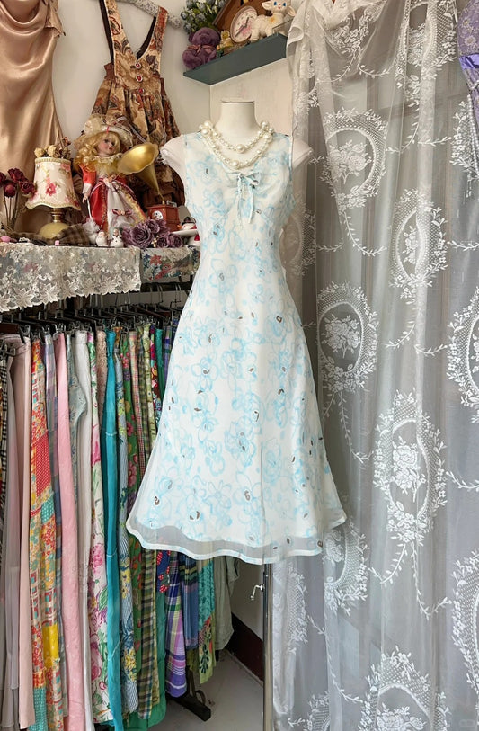 Elegantes blaues V-Ausschnitt bedrucktes Chiffon Etuikleid kurzes Partykleid RF0816