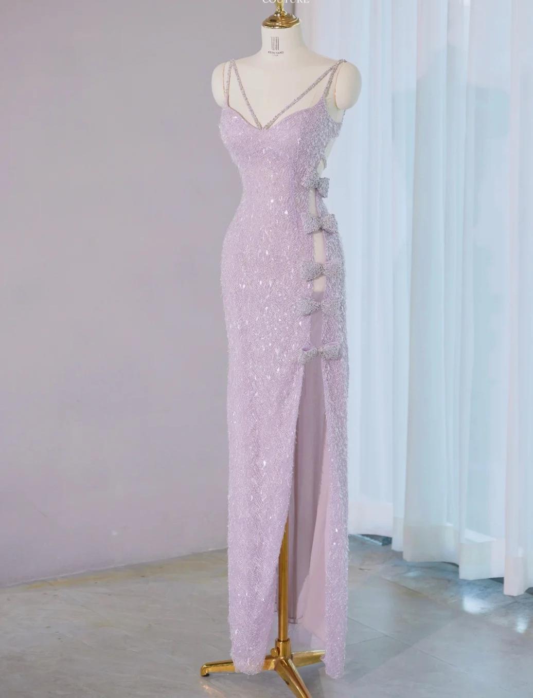 Gorgeous Light Purple V-Neck Sheath Lace Beaded Long Prom Dresses Formal Evening Gowns with Slits RF0826