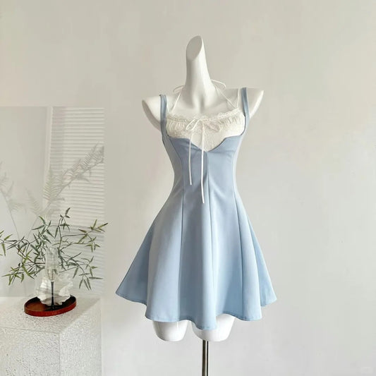 Schicke blaue Spaghettiträger Etuikleid aus Satin, kurze Partykleider, Homecoming-Kleider RF0843