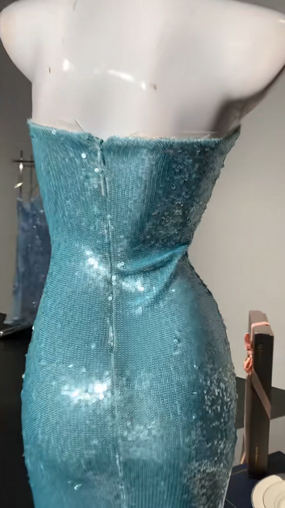Elegante blaue trägerlose Etuikleider mit Pailletten, lange Ballkleider, formelle Abendkleider RF0852
