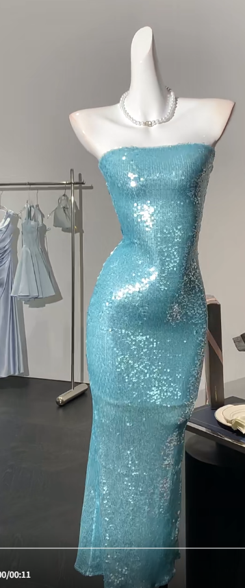 Elegante blaue trägerlose Etuikleider mit Pailletten, lange Ballkleider, formelle Abendkleider RF0852